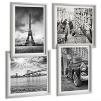 BILDER SET 4er Set - 50x50 cm & 40x60 cm Silberner Rahmen - Stadtansichten, Brücken, Eiffelturm, Auto - Silberfarben, Kunststoff (50/50cm) - TULUP