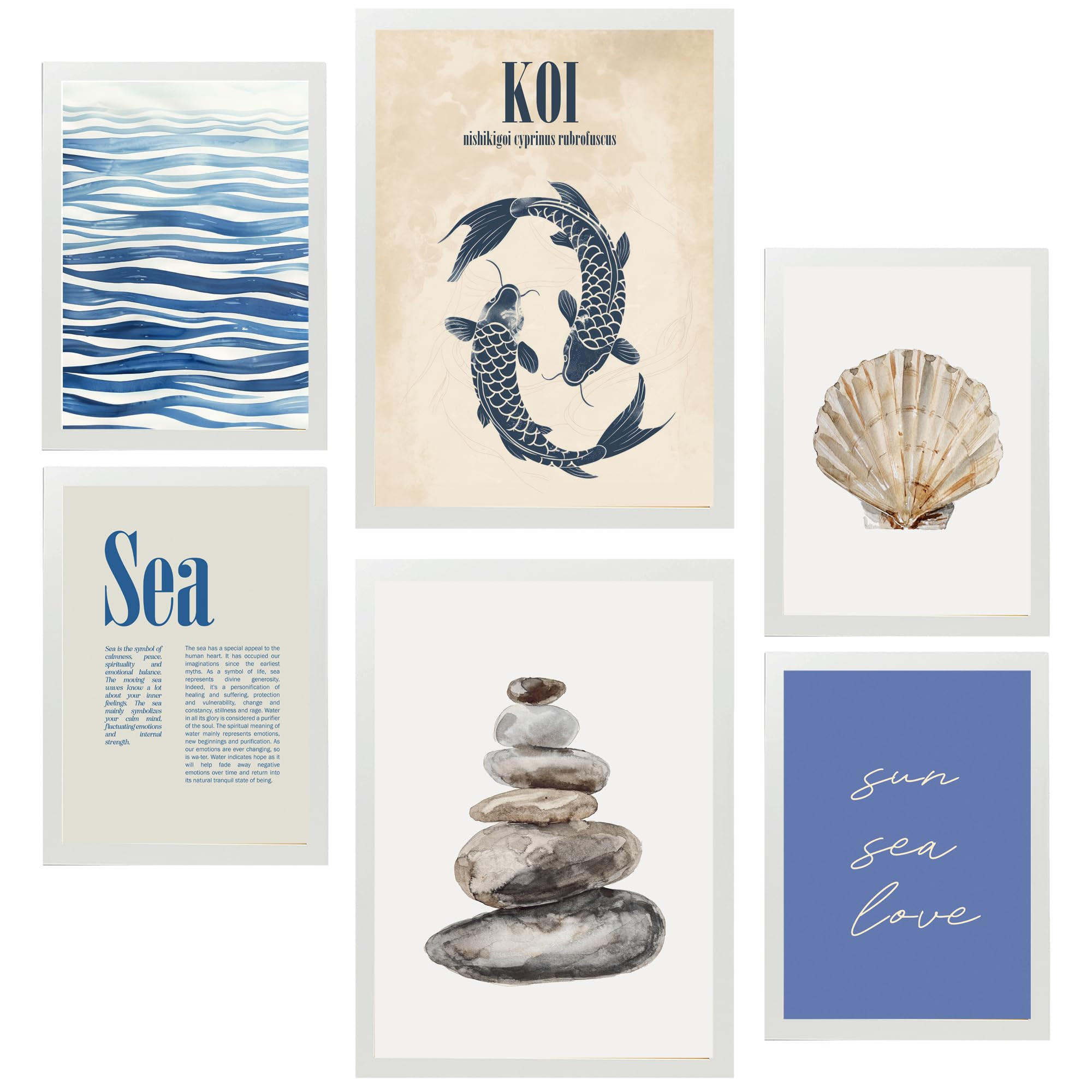 POSTER Set Mit 6 Meer, Ozean, Marine A3 & A4 Weißer Rahmen - Weiß, Papier (29/3cm) - Nacnic