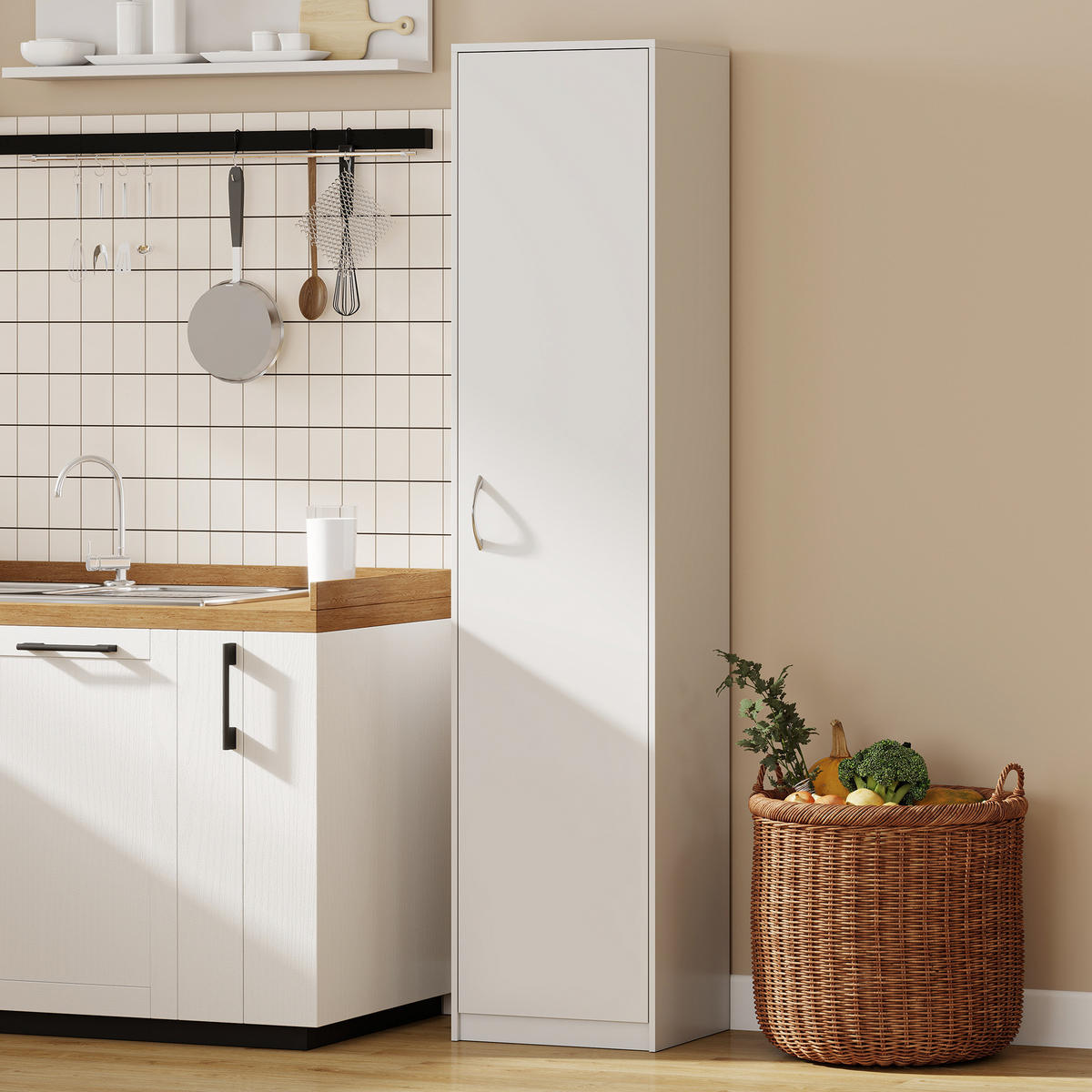 KÜCHENSCHRANK Buffetschrank mit 1 Tür, Verstellbaren Einlegeböden, Weiß - Alufarben/Weiß, Holzwerkstoff/Metall (35/180/40cm) - HOMCOM