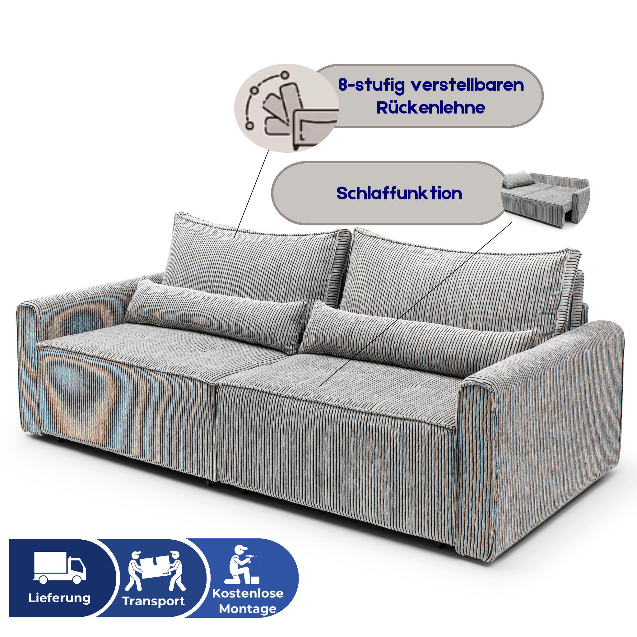 ECKSOFA mit Schlaffunktion 8 fach verstellbare Rückenlehne - Grau, Holz (137/190cm) - Gowoll