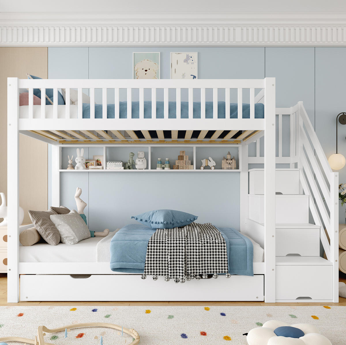 ETAGENBETT 90/200 cm Weiß mit Ausziehbett und Kleiderschrank - Weiß, Holz (90/200cm) - Flora Grace