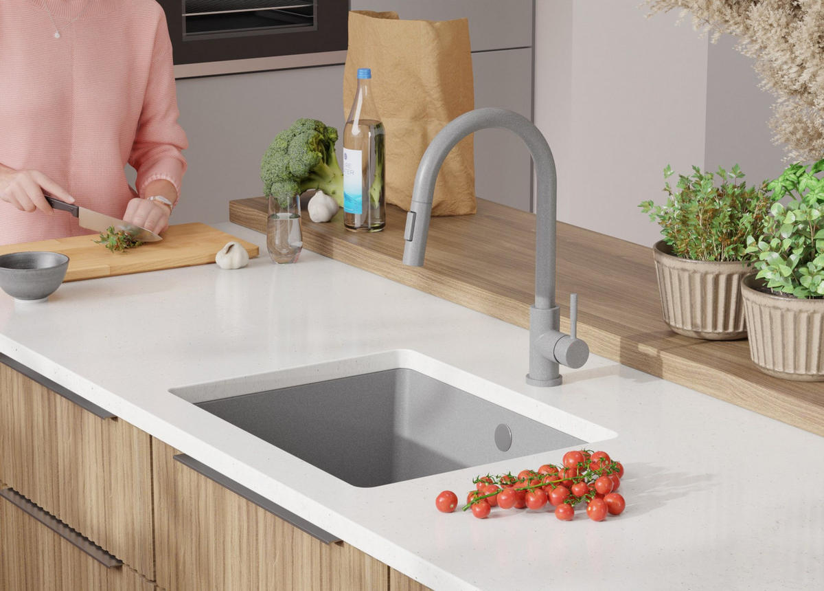 UNTERBAUSPÜLE GRANIT Venedig Easy, 2-er set Grau 56/44 cm 1 Becken + Ablauf-Set ab 60er Unterschrank - Chromfarben/Grau, Kunststoff (56/20/44cm) - Primagran