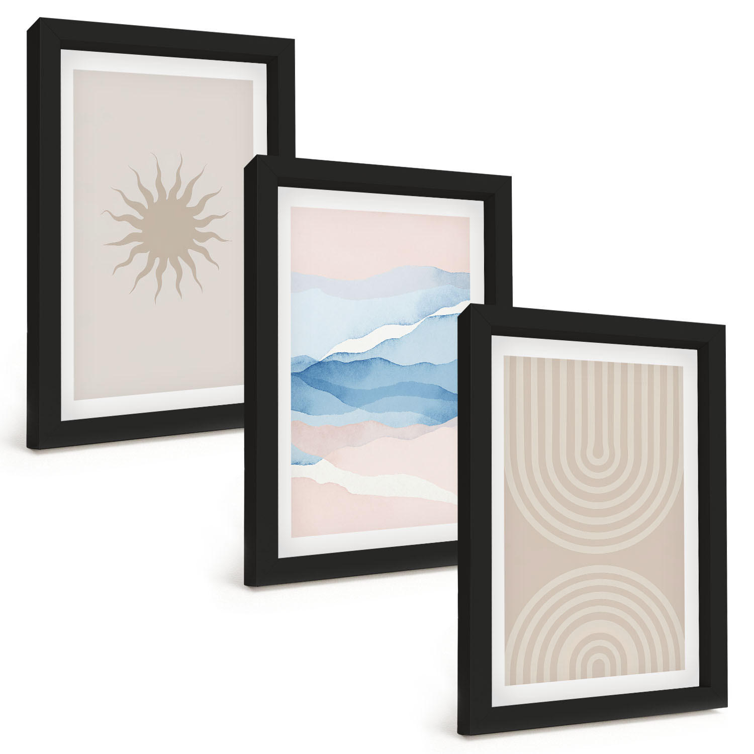 BILDER SET 3er Set - 20x30 cm Schwarzer Rahmen - Sonnenwellen abstrakte Linien Pastell - Schwarz, Kunststoff (20/30cm) - TULUP