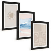 BILDER SET 3er Set - 20x30 cm Schwarzer Rahmen - Sonnenwellen abstrakte Linien Pastell - Schwarz, Kunststoff (20/30cm) - TULUP