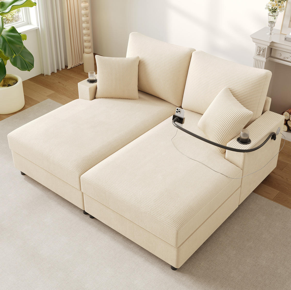 SCHLAFSOFA 163/140/82 cm in Beige – mit USB-Anschluss und Getränkehaltern - Beige, Textil (140/82/163cm) - BEAOK