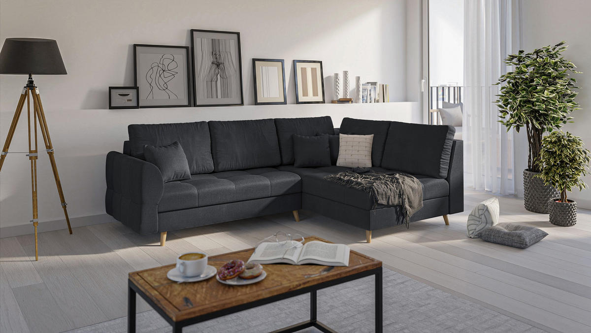 ECKSOFA MIT HOCKER Lorine Mikrofaser Anthrazit - Hellbraun/Anthrazit, Buchenholz/Textil (231/161cm) - S-Style Möbel