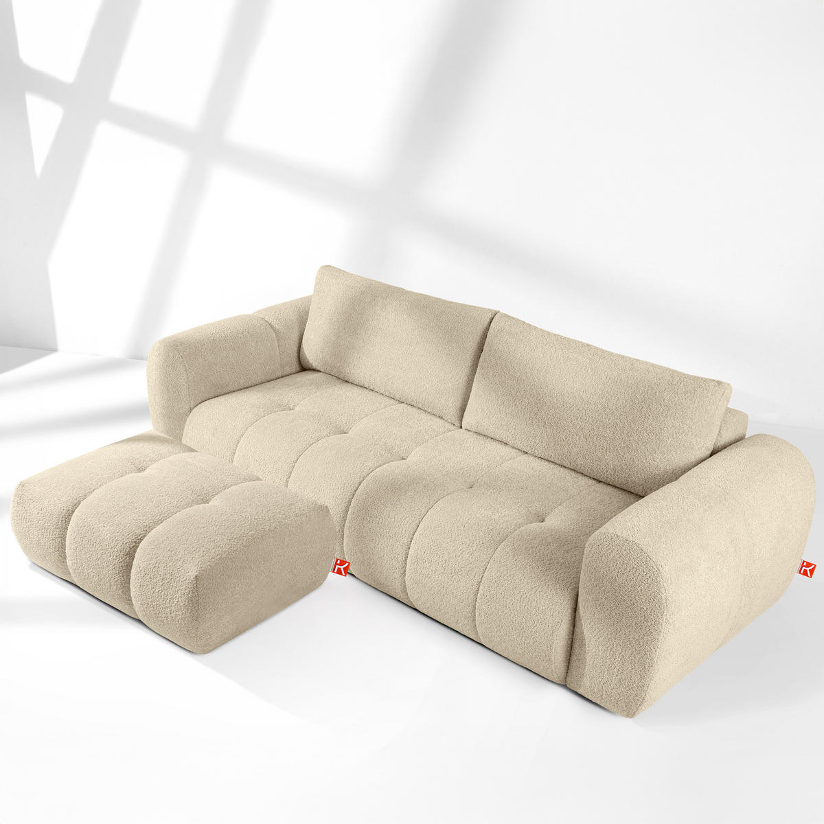 SOFA LIRA mit Pouf, Hellbeige, Bouclé - Beige, Holz/Holzwerkstoff (96/43/50cm) - KONSIMO®