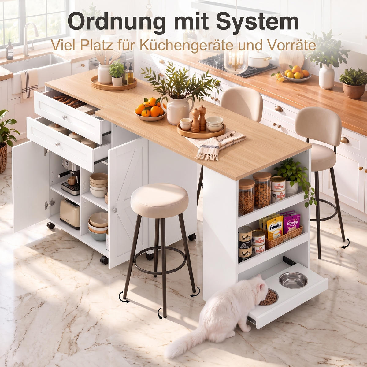 KÜCHENINSEL auf Rollen 100/60/84.5 cm Weiß mit ausziehbarer Arbeitsplatte, 2 Schubladen und Katzenfutterstation - Schwarz/Weiß, Holz/Holzwerkstoff (120/86/60cm) - Oxeza