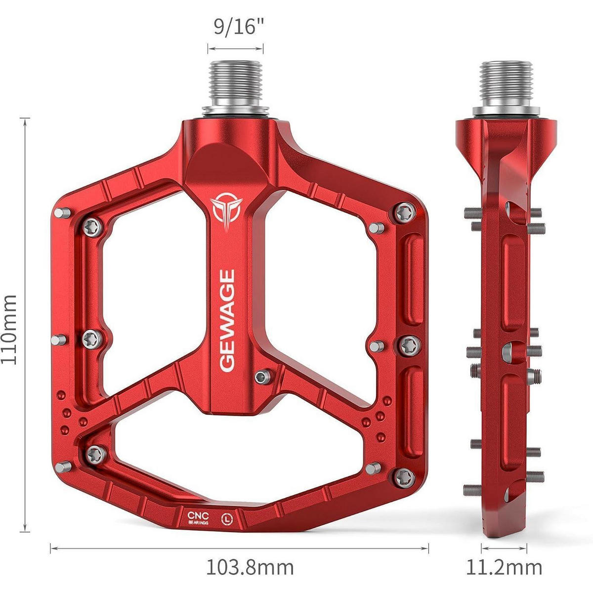 MTB Pedale CNC Aluminium 3-fach-Lagersystem 9/16″ Chromoly Rot - Rot, Metall (10.4/1.5/11cm)
