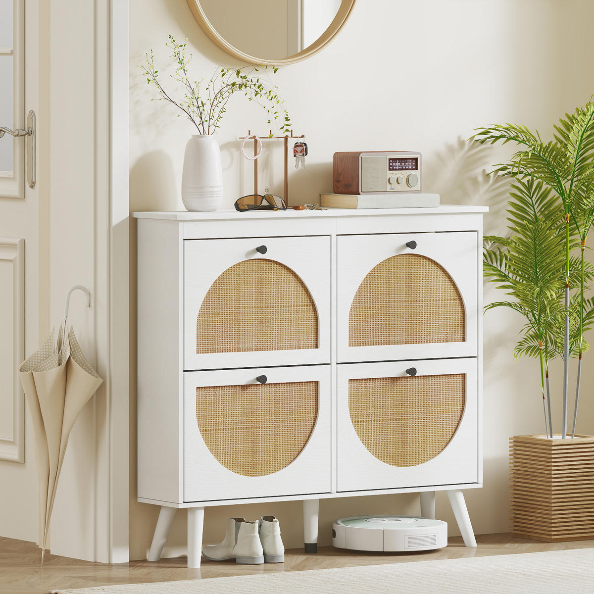 SCHUHSCHRANK DE-15022 4 Klapptüren in Rattan-Optik Weiß - Weiß, Holzwerkstoff (105/97.5/24cm) - ComfortXL