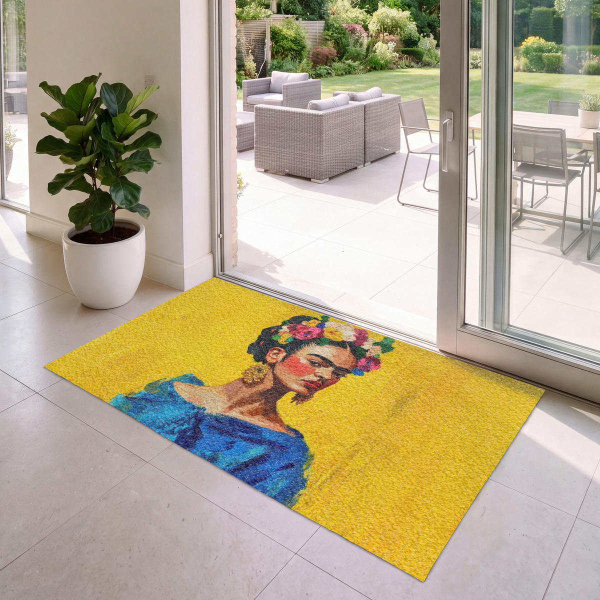 FUSSMATTE Frida Kahlo - Frau - Gelb - Blau - Blumen Schmutzfangmatte 150x90 cm - Gelb, Kunststoff (150/90cm) - MuchoWow