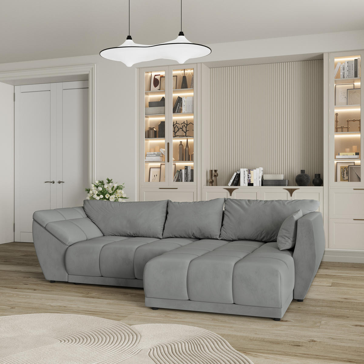 ECKSOFA ORENTI R-S Grau Velours-Stoff mit Schlaffunktion - Grau, Holz (287/182cm) - MASSENO