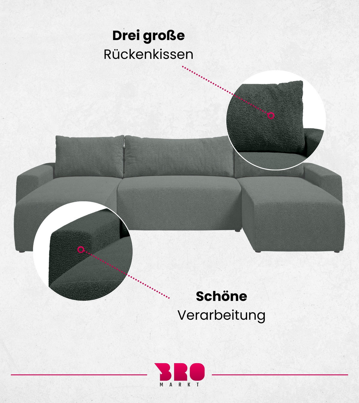 WOHNLANDSCHAFT Plush mit Schlaffunktion Grün Boucle - Grün, Kunststoff/Textil (315/72/145cm) - Bromarkt