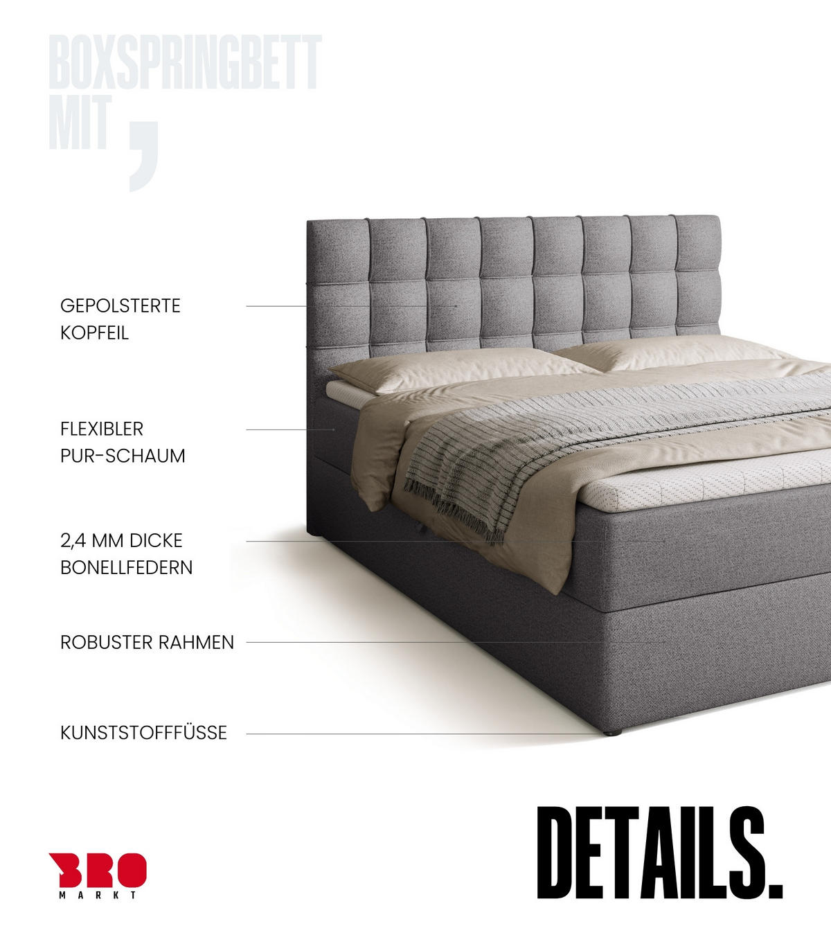 BOXBETT Detroit mit Topper 160/200 Grau - Grau, Textil (160/200cm) - Bromarkt