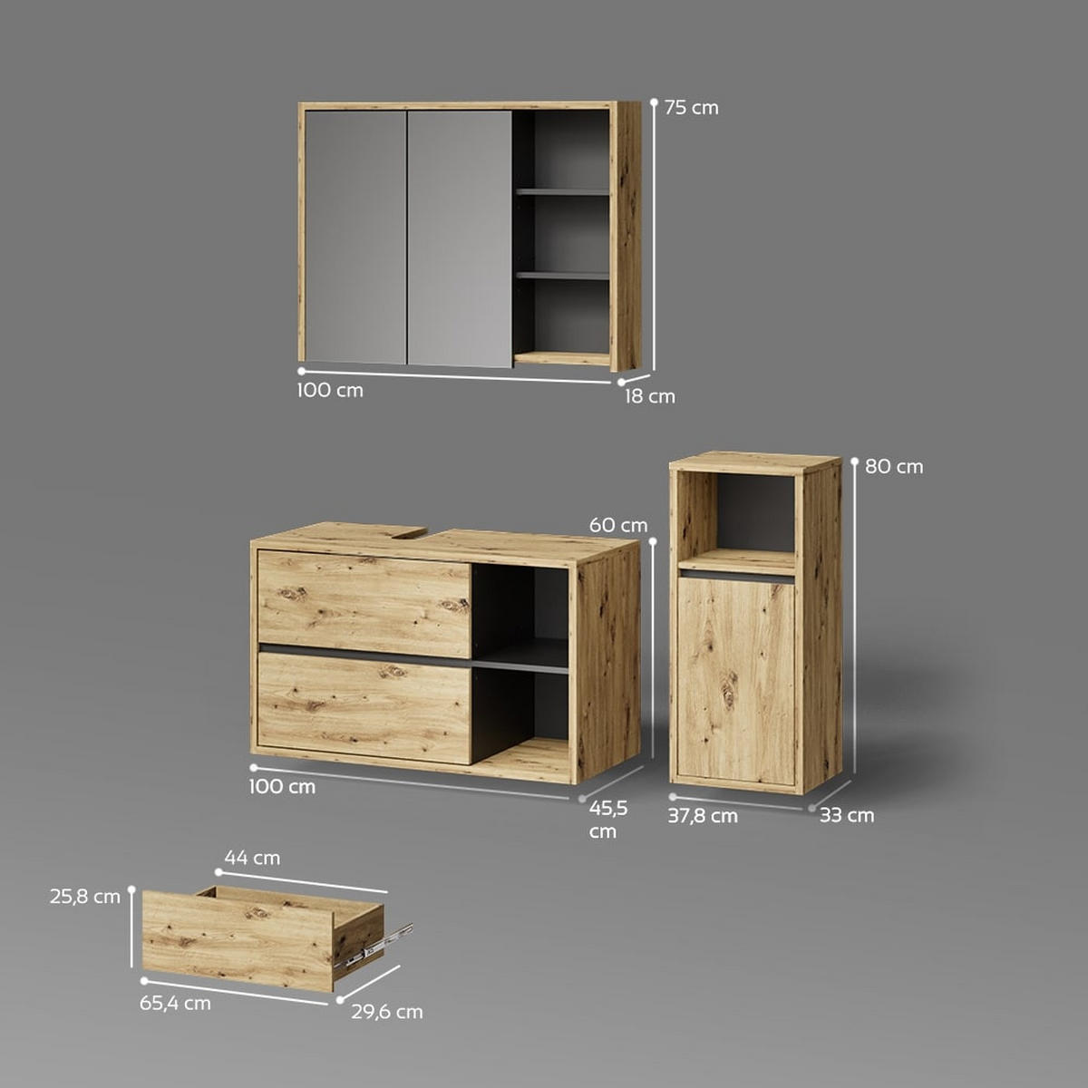 BADMÖBEL-SET Vomano Braun 3 Teile, mit Midischrank - Anthrazit/Braun, Holzwerkstoff (45/100/60cm) - Livinity®