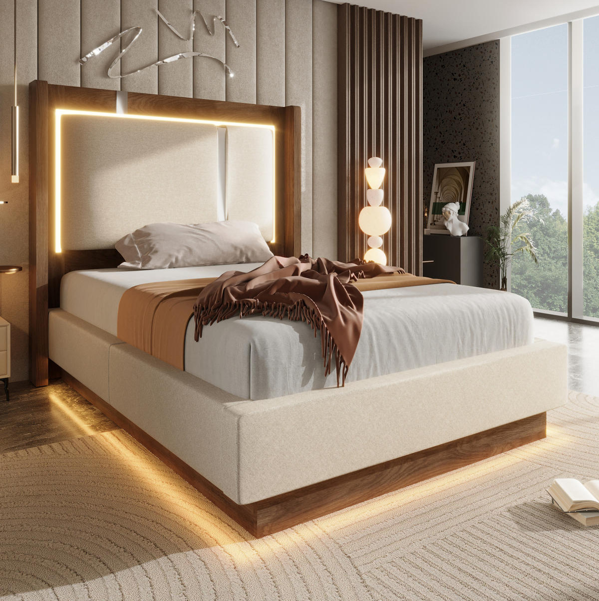 POLSTERBETT 90/200 cm aus Leinen und Holz mit LED und Bettkasten Beige - Beige, Textil (90/200cm) - Modenvie