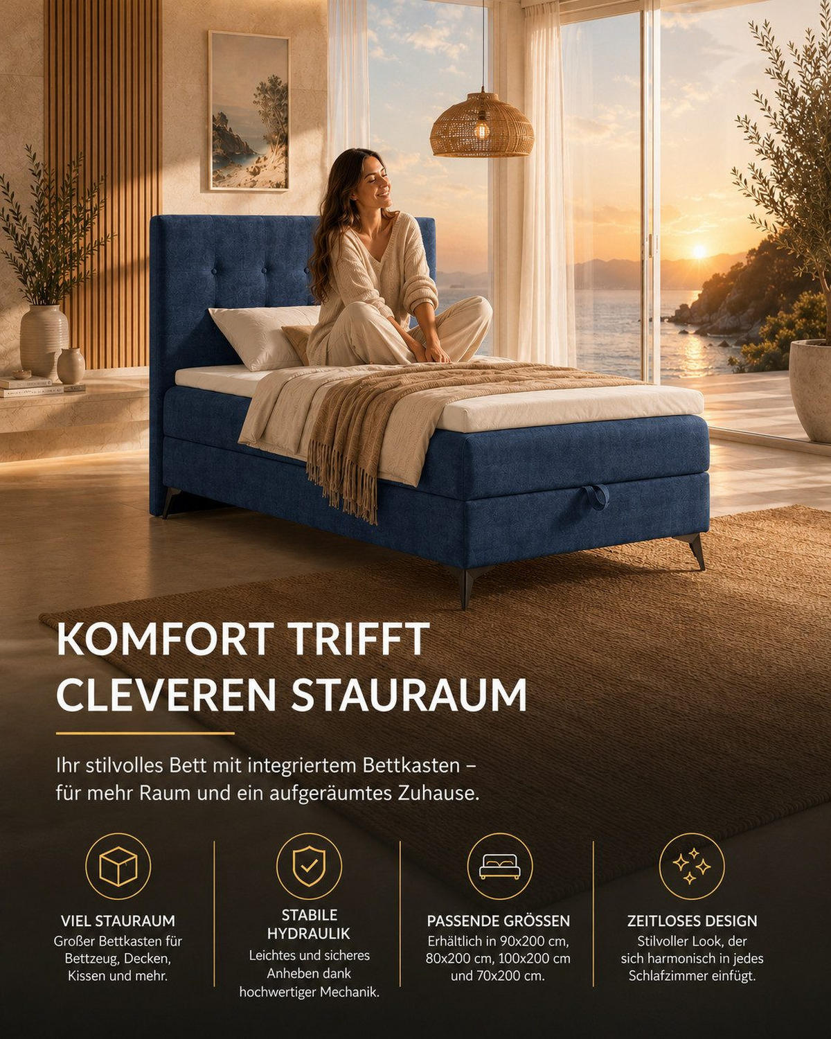 BOXBETT K15 Single SLIM mit Bettkasten & Bonell-Federkern ohne Topper - Dunkelblau, Holz/Textil (200/70cm) - Best For Home