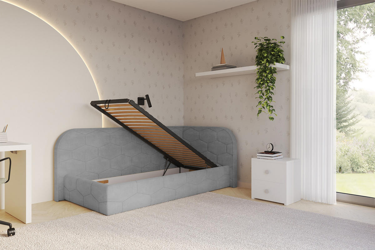EINZELLBETT Jugendbett mit Bettkasten und Matratze H3/H4, Links - JAXY 90x200 Grau - Hellgrau, Holzwerkstoff/Textil (90/200cm) - ALTDECOR