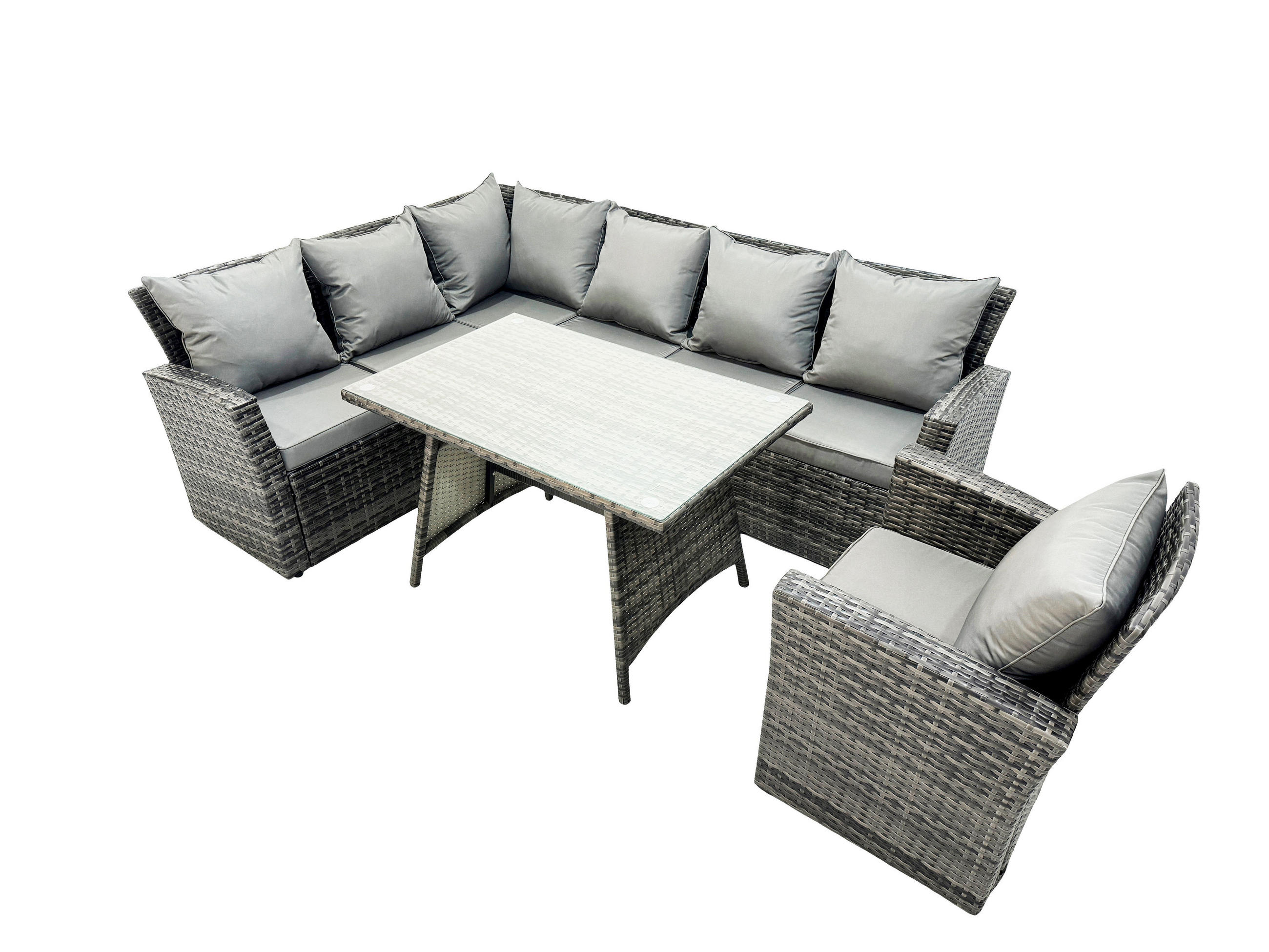 BALKONMÖBEL-SETS mit Ecksofa,Stuhl,Länglicher Esstisch Polyrattan Dunkelgrau 7-Sitzer - Dunkelgrau/Grau, Glas/Kunststoff - Fimous