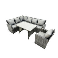 BALKONMÖBEL-SETS mit Ecksofa,Stuhl,Länglicher Esstisch Polyrattan Dunkelgrau 7-Sitzer - Dunkelgrau/Grau, Glas/Kunststoff - Fimous