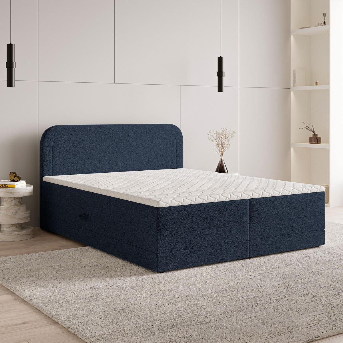 BOXBETT ARMEL 160x200 cm mit Matratze und Topper - Blau - Blau, Holz (160/200cm) - MASSENO
