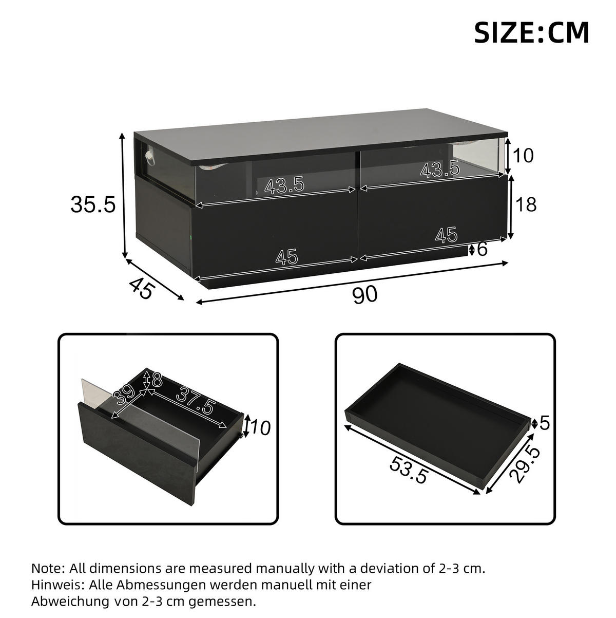 COUCHTISCH 90/45/35.5 cm in Schwarz aus MDF und Glas mit LED-Licht und Stauraum - Schwarz, Holzwerkstoff (90/45/35.5cm) - OKMYHOME