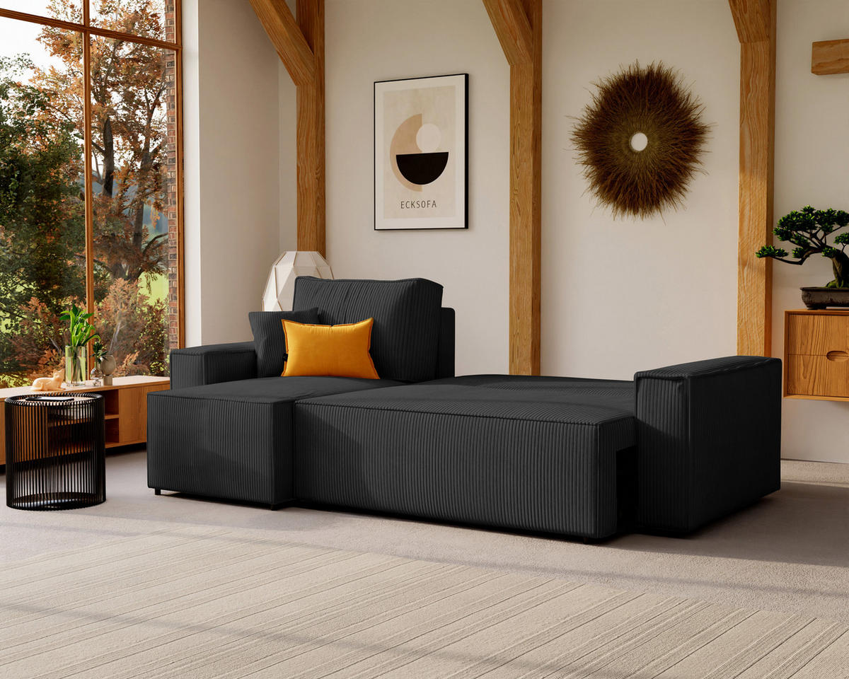 ECKSOFA Paris mit Schlaffunktion Cord - Schwarz, Textil (244/155cm) - Idohome