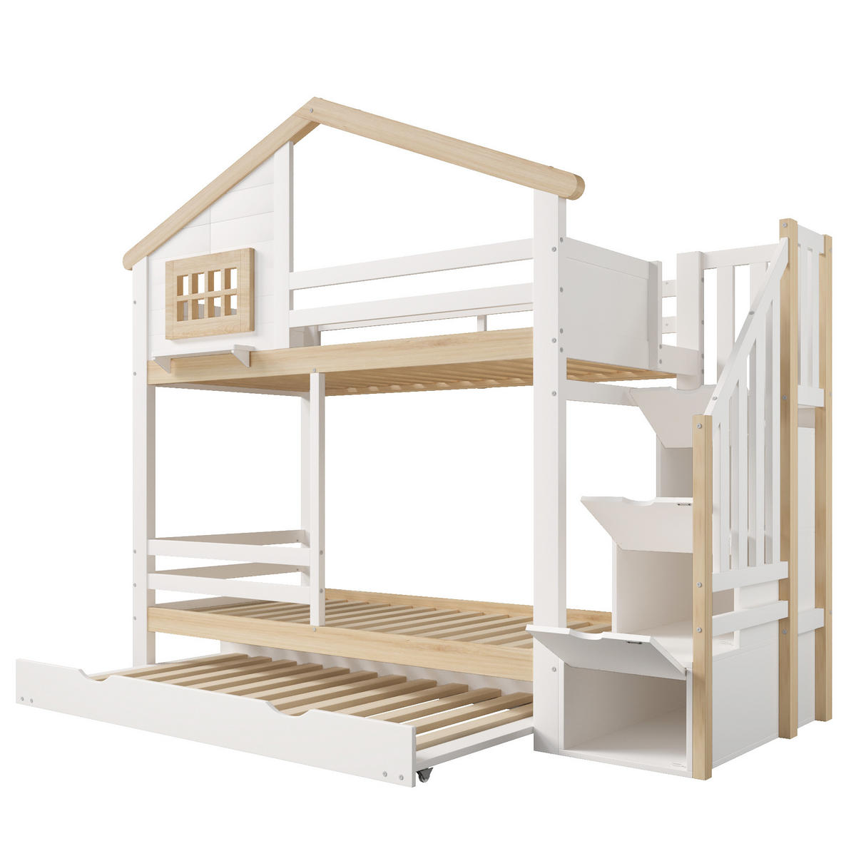 ETAGENBETT 90/200 mit Ausziehbett und Stauraumleiter in Weiß und Natur - Weiß/Naturfarben, Holz/Holzwerkstoff (90/200cm) - EVRYAE