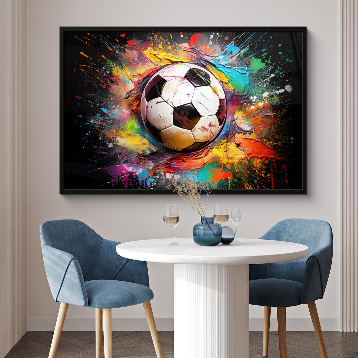 POSTER MIT RAHMEN Fußball - Farbe - Farben - Schwarz - Weiß 120x80 cm - Weiß, Papier (120/80cm) - MuchoWow