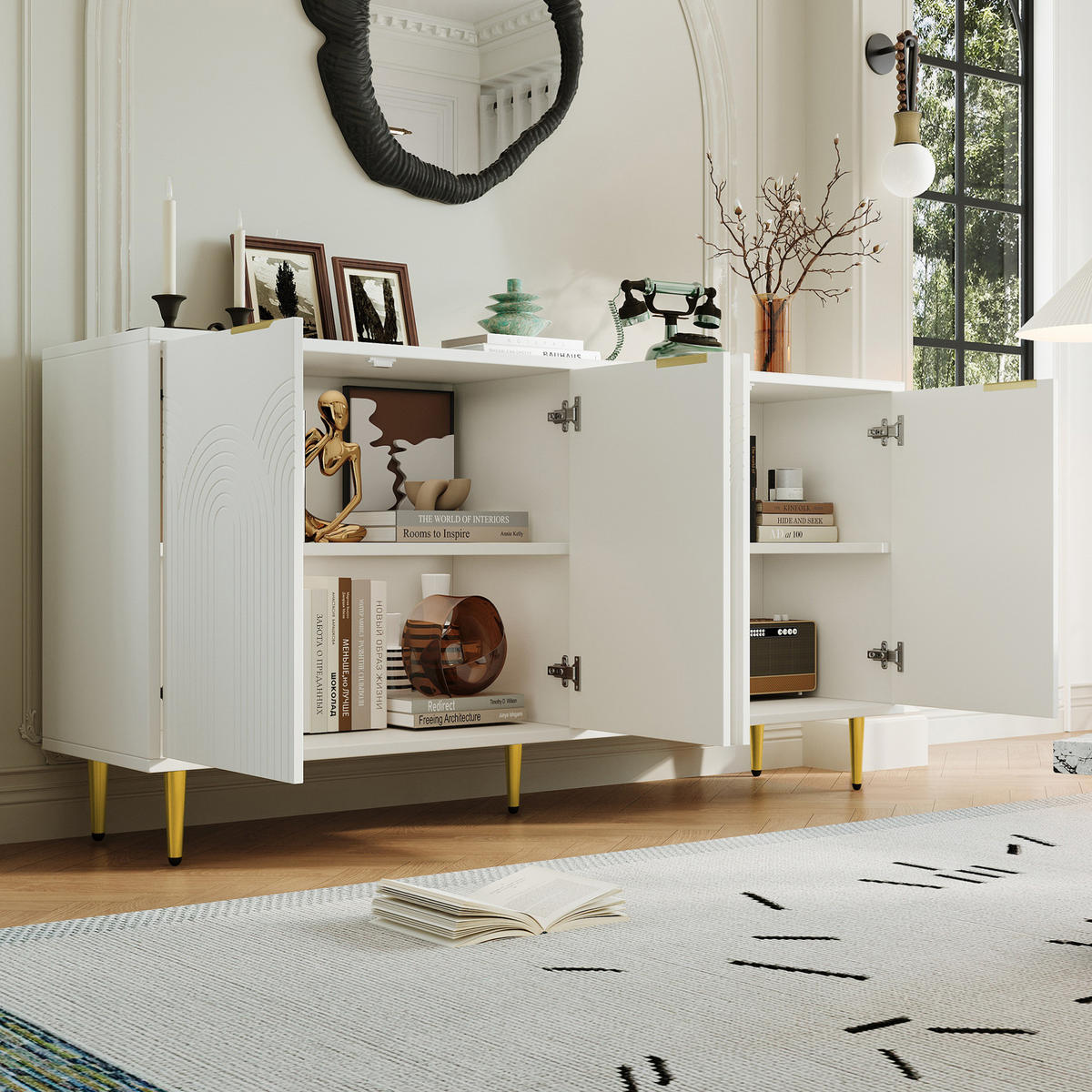 SIDEBOARD 160/40/80 cm mit 4 Türen in Weiß mit goldfarbenen Griffen - Weiß, Holzwerkstoff (160/80/40cm) - BEAOK