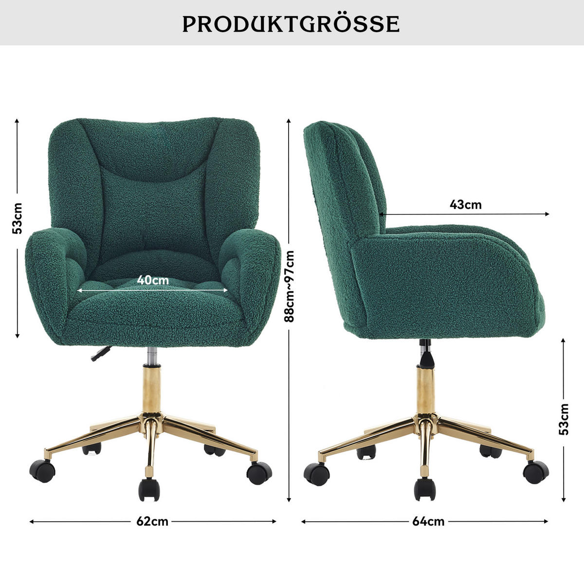 DREHSTUHL Teddy-Stoff mit höhenverstellbarem Sitz 64/62/92.5 cm Grün - Grün, Textil (62/92.5/64cm) - Redom
