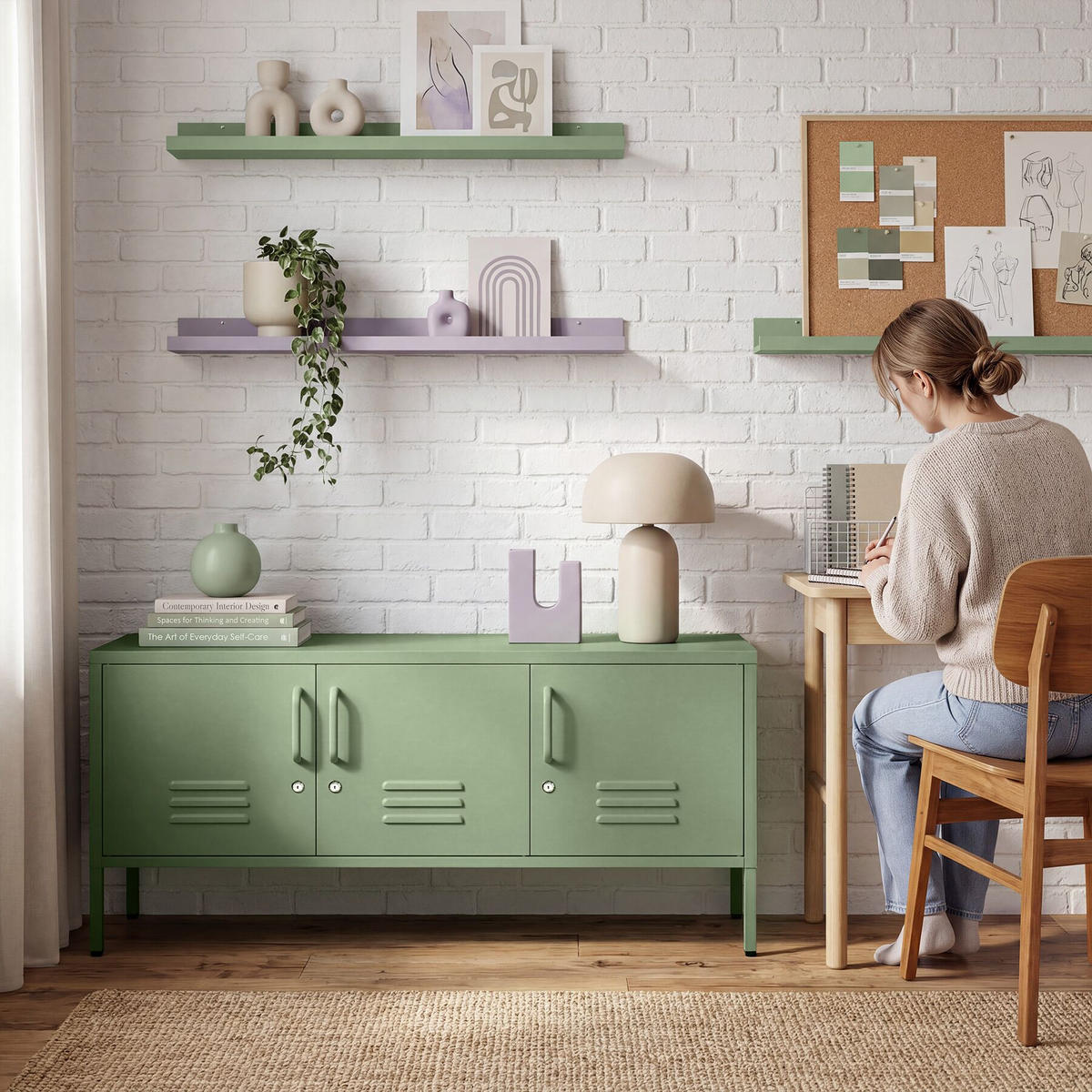 SIDEBOARD Baker, Kippschutz, höhenverstellbare Füße, salbeigrün - Salbeigrün, Metall (120/55.5/37.5cm) - tectake