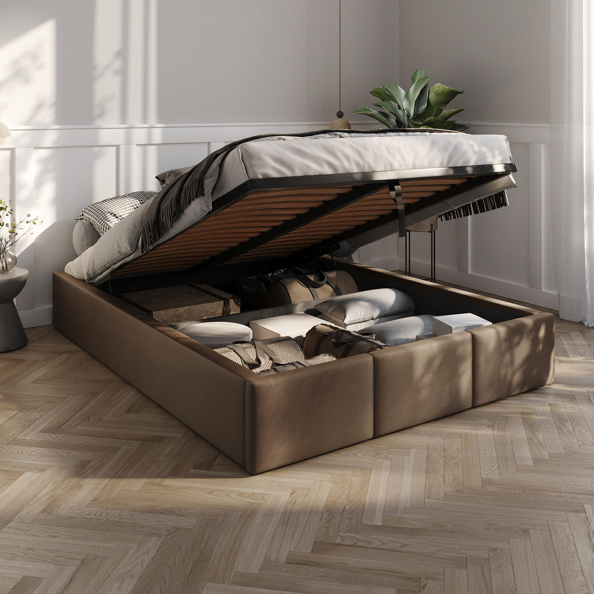 POLSTERBETT für Schlafzimmer Bett mit Stauraum Braun 140x200cm - Braun, Holzwerkstoff/Textil (160/200cm) - Muralo