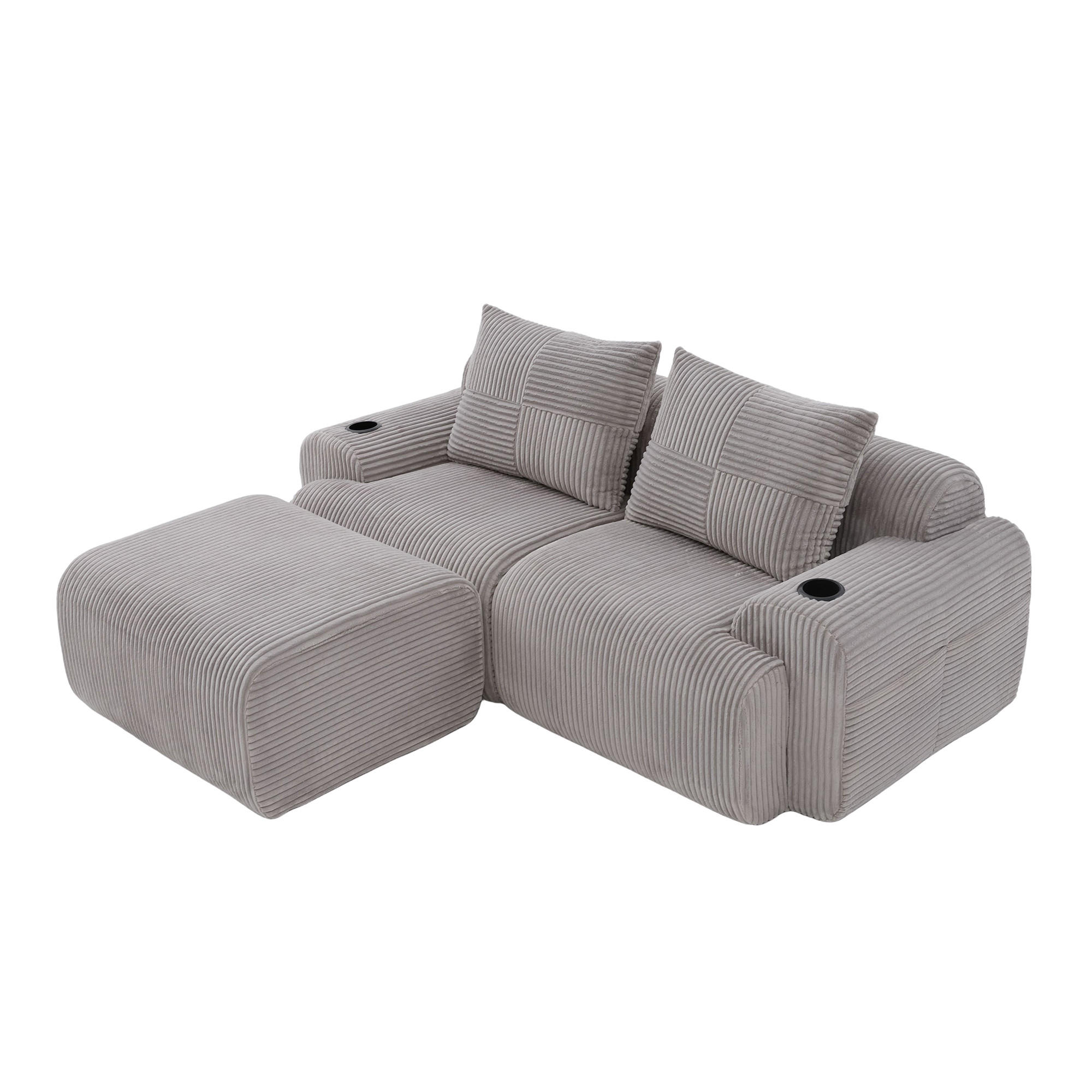 MODULARES 2-Sitzer Sofa Cordstoff mit Getränkehalter und Seitentasche 200/174/80 cm Hellgrau - Hellgrau, Textil (174/200cm) - Redom