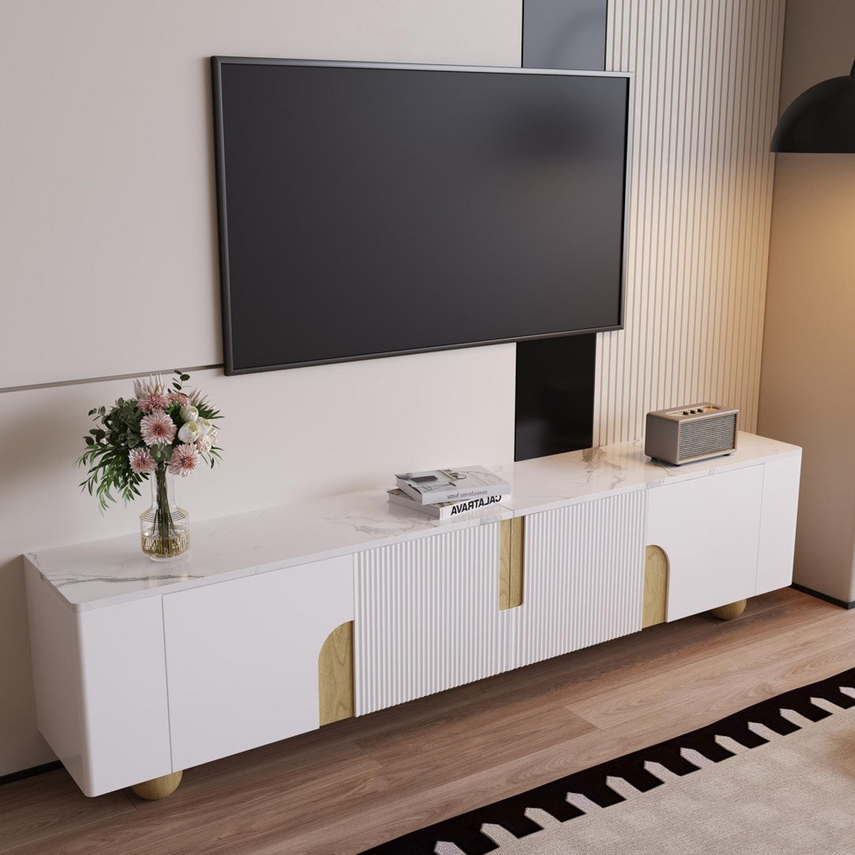 TV-SCHRANK 180cm Weiß 4 Türen Marmoroptik kugelförmige Holzfüße - Weiß, Holz (43.99/35.18/50.8cm) - FLIEKS