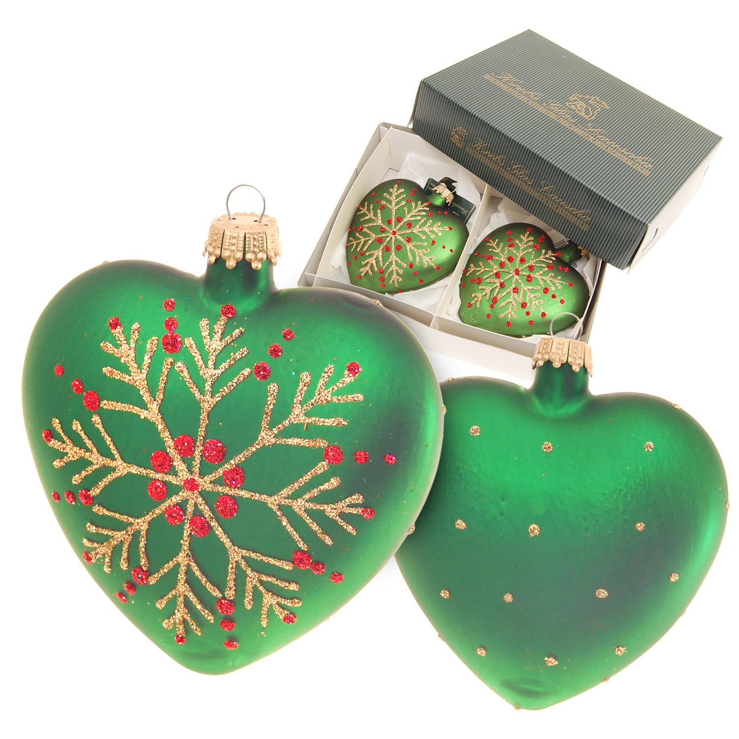CHRISTBAUMSCHMUCK Herzen mit Schneeflocke Grün 9cm (Glas / 2 Stk.) - Grün, Glas (9/9/3cm) - Krebs Glas Lauscha