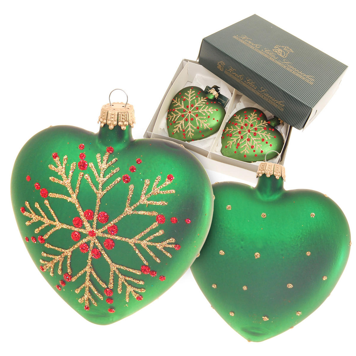 CHRISTBAUMSCHMUCK Herzen mit Schneeflocke Grün 9cm (Glas / 2 Stk.) - Grün, Glas (9/9/3cm) - Krebs Glas Lauscha