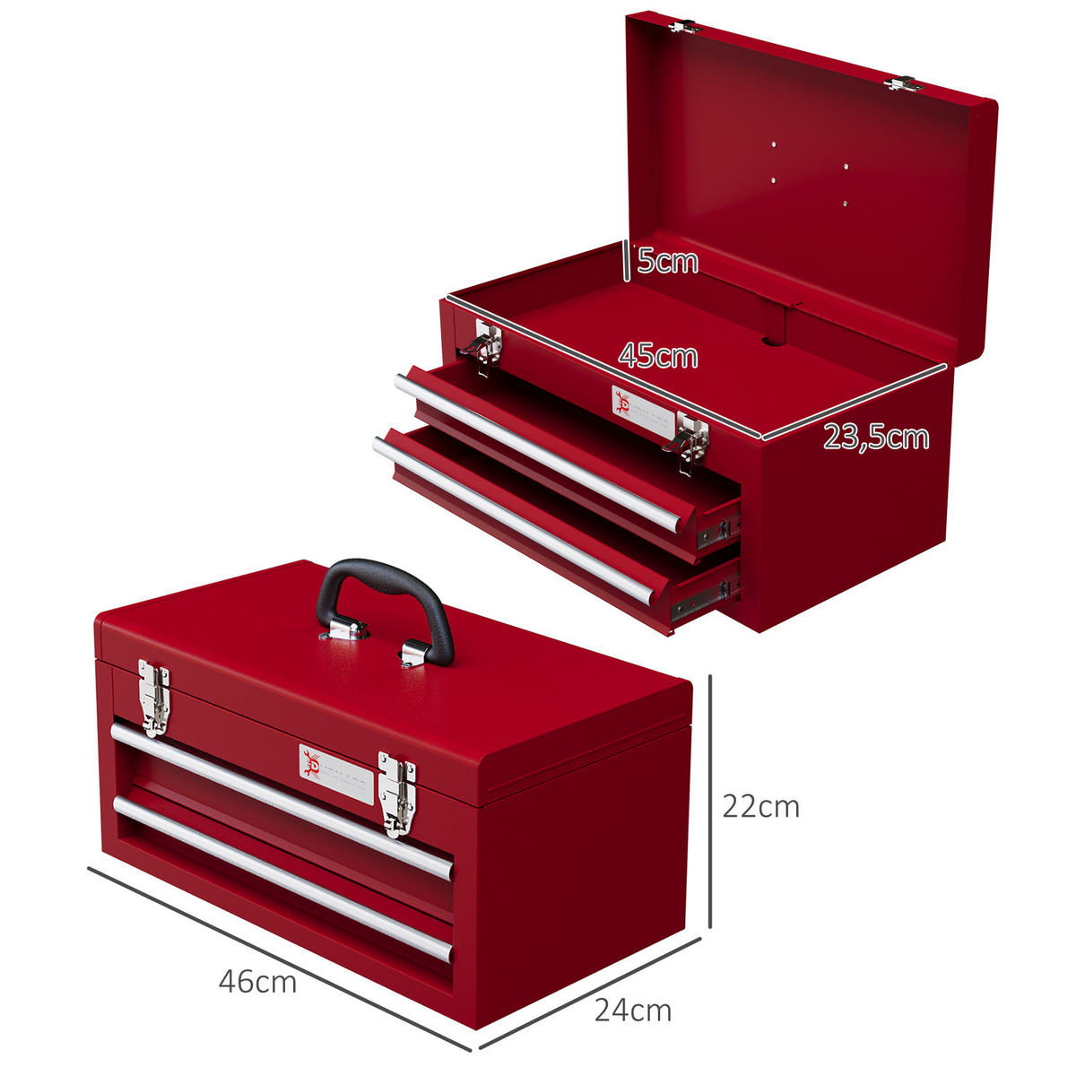 WERKZEUGKOFFER leer, 46 x 24 x 22 cm Werkzeugkasten mit 2 Schubladen Rot - Rot, Metall (24/22/46cm) - DURHAND
