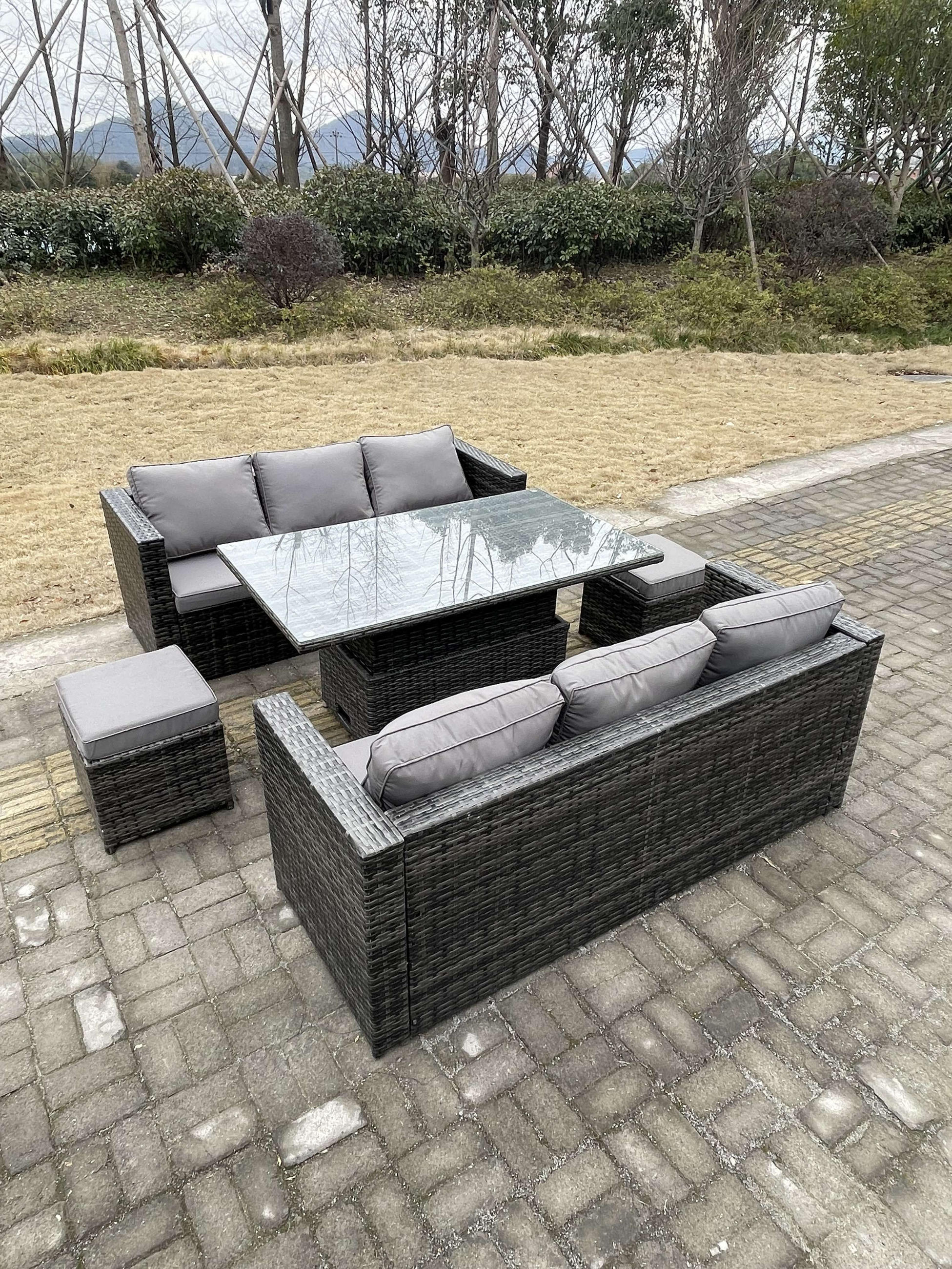 GARTENSET Polyrattan 8-Sitzer - Dunkelgrau/Grau, Glas/Kunststoff - Fimous
