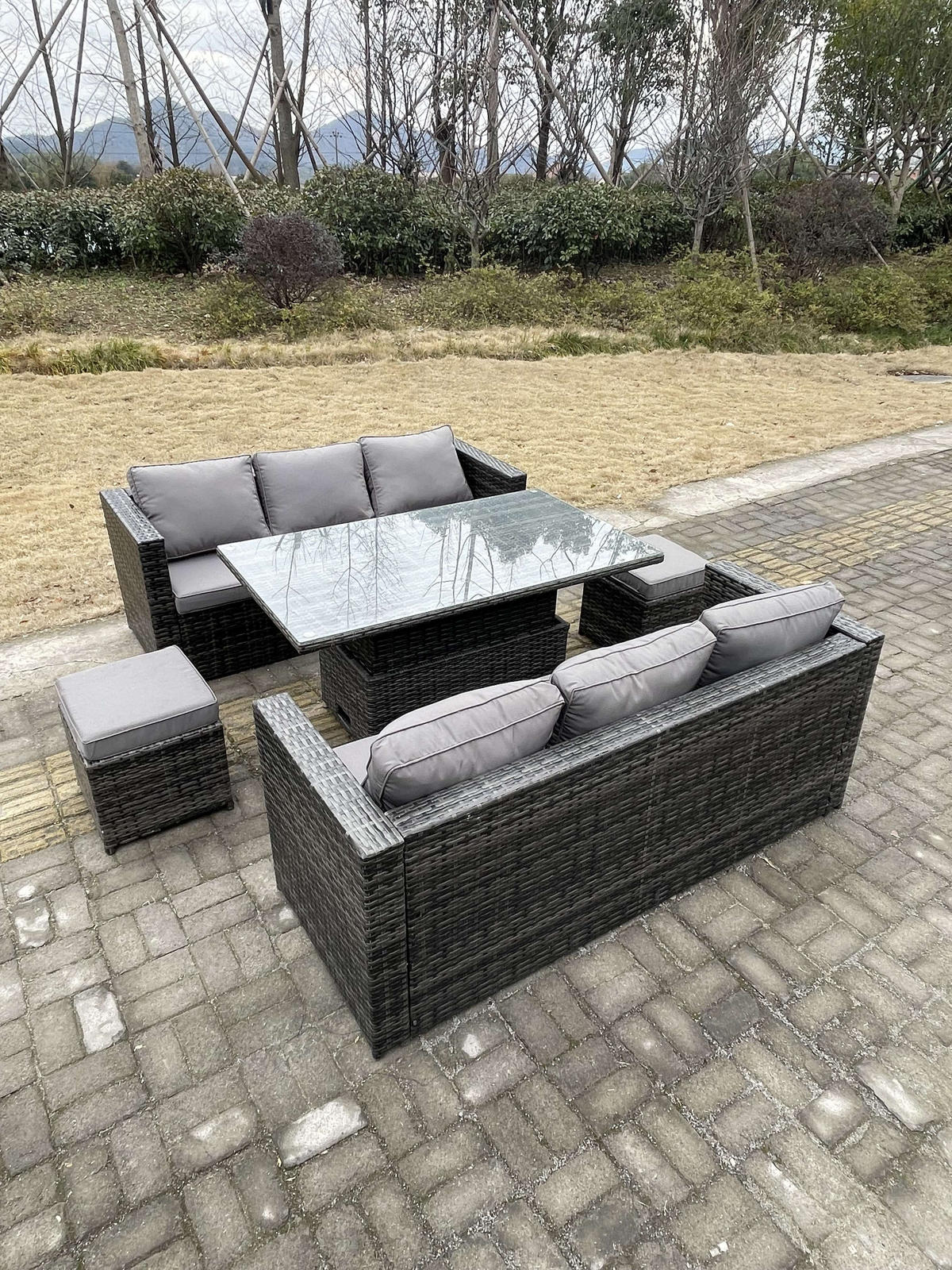 GARTENSET Polyrattan 8-Sitzer - Dunkelgrau/Grau, Glas/Kunststoff - Fimous