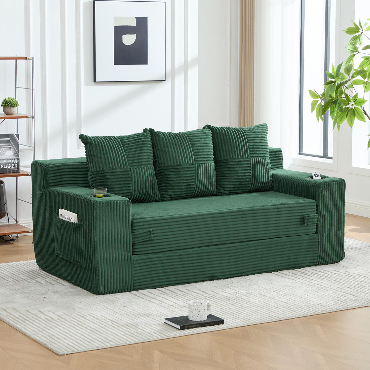 2-SITZER Bodensofa ausklappbar, Getränkehalter/Seitentaschen, Cord, Grün - Grün, Textil (172/64/87cm) - LVHOM