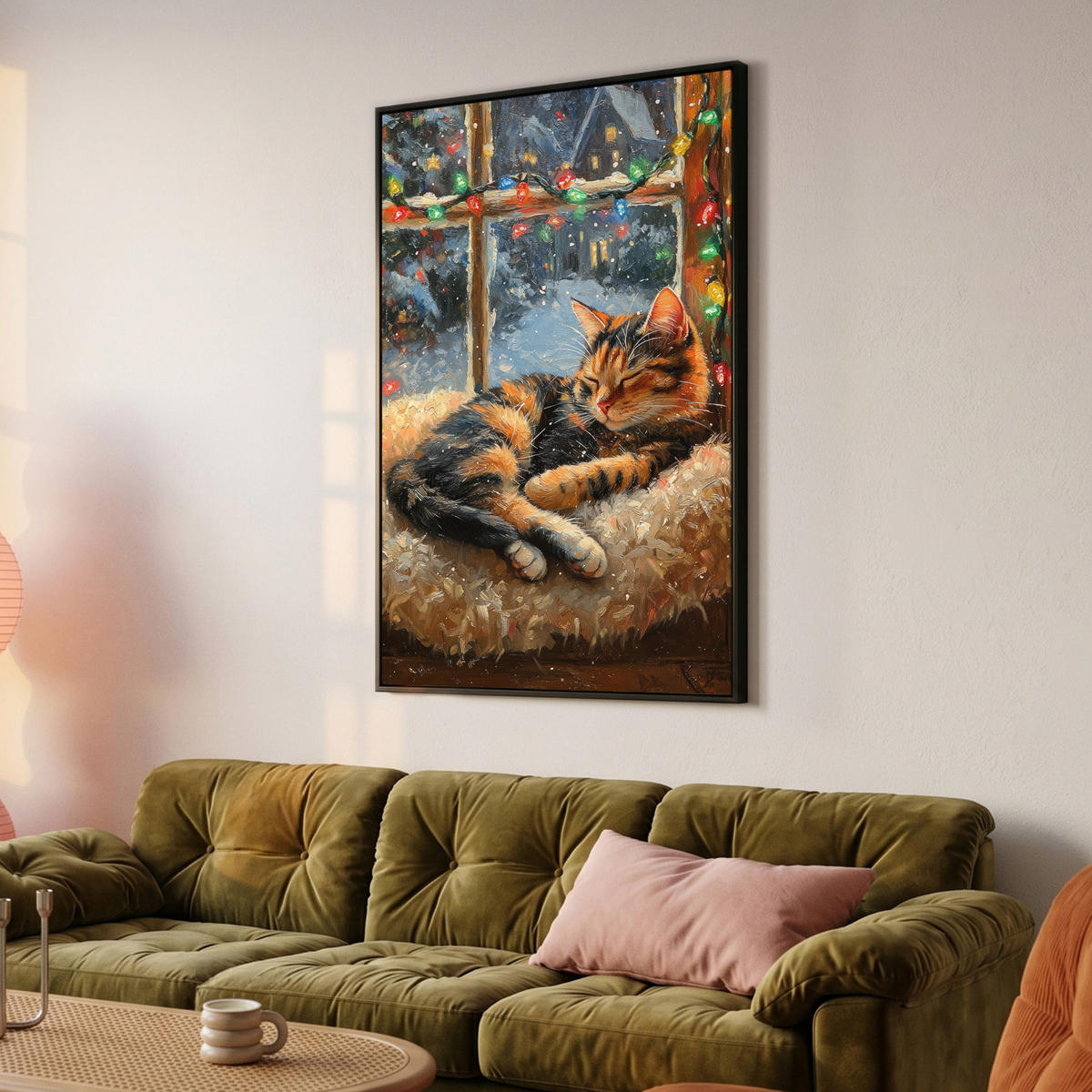 LEINWAND Bilder mit Rahmen - Katze - Weihnachten - Winter - Tier - 100x150 - Bernsteinfarben, Textil (100/150cm) - MuchoWow