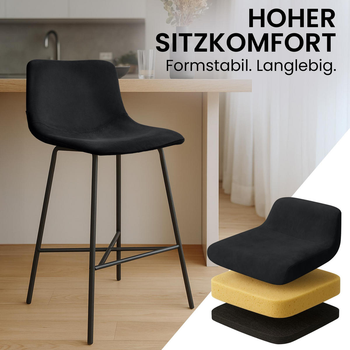 BARHOCKER Samt Schwarz - Schwarz, Textil/Metall (44/98/49cm) - CLP