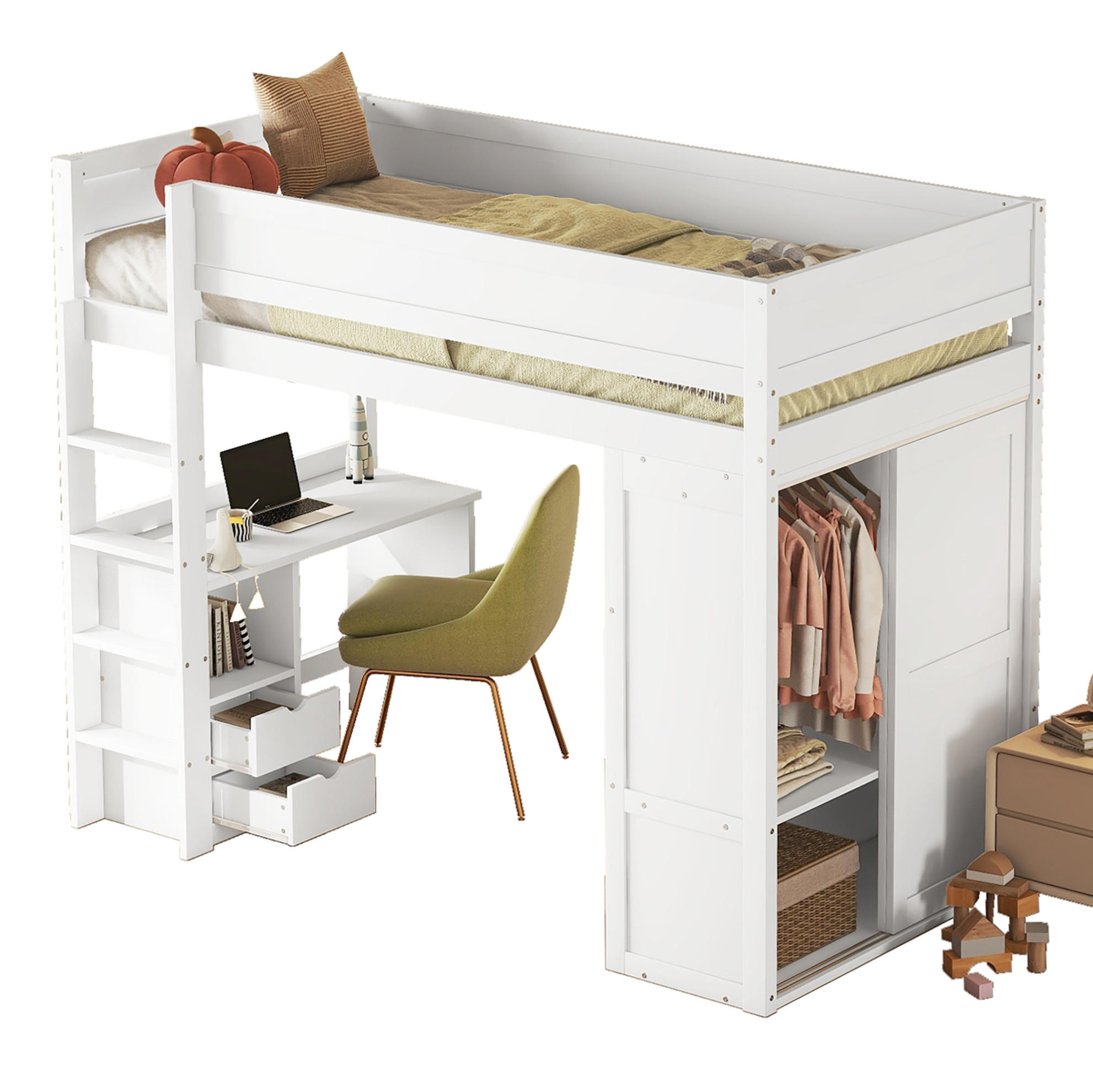 HOCHBETT 90/200 cm in Weiß mit Schreibtisch, Kleiderschrank und Schubladen - Weiß, Holz (90/200cm) - Flora Grace