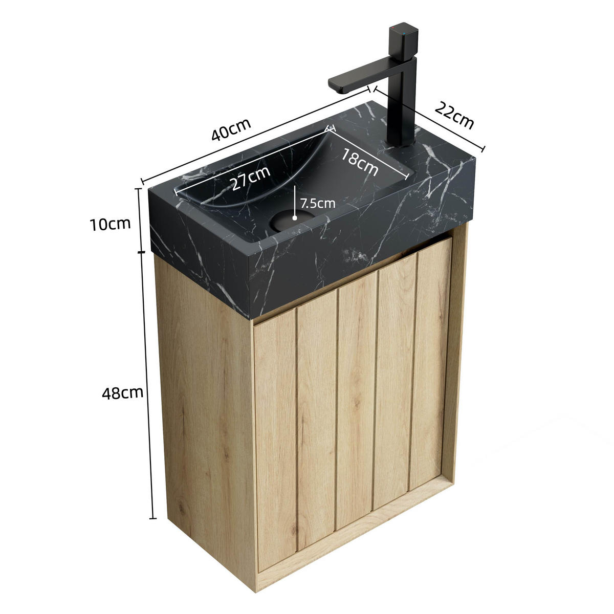 WASCHTISCHUNTERSCHRANK 40x22x58cm Eiche/Schwarz mit Naturmarmorbecken - Eichefarben, Stein (40/58/22cm) - Modfu