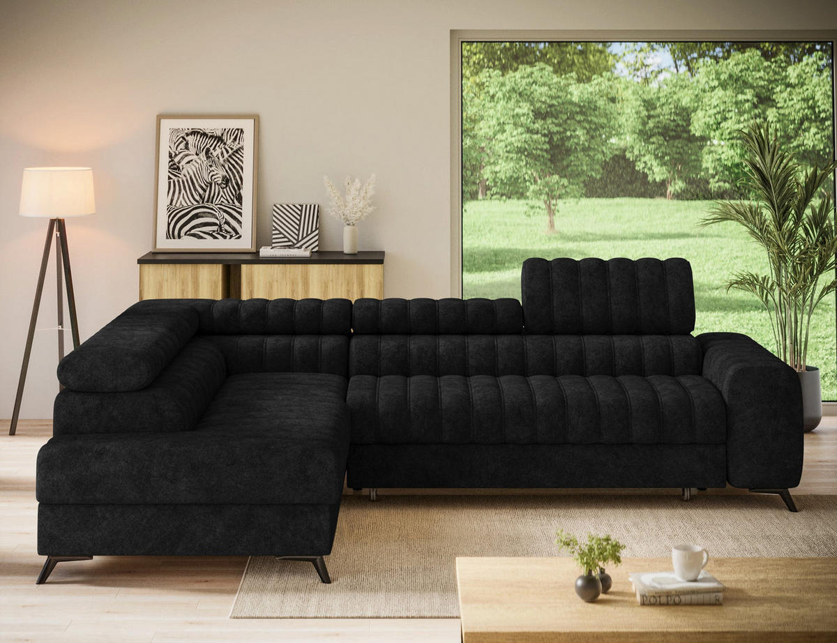 KANEDO Ecksofa mit Schlaffunktion und Bettkasten – Modernes Designsofa, verstellbare Kopfstützen, Metallfüße - Schwarz, Kunststoff (269/86cm) - Wohnideebilder