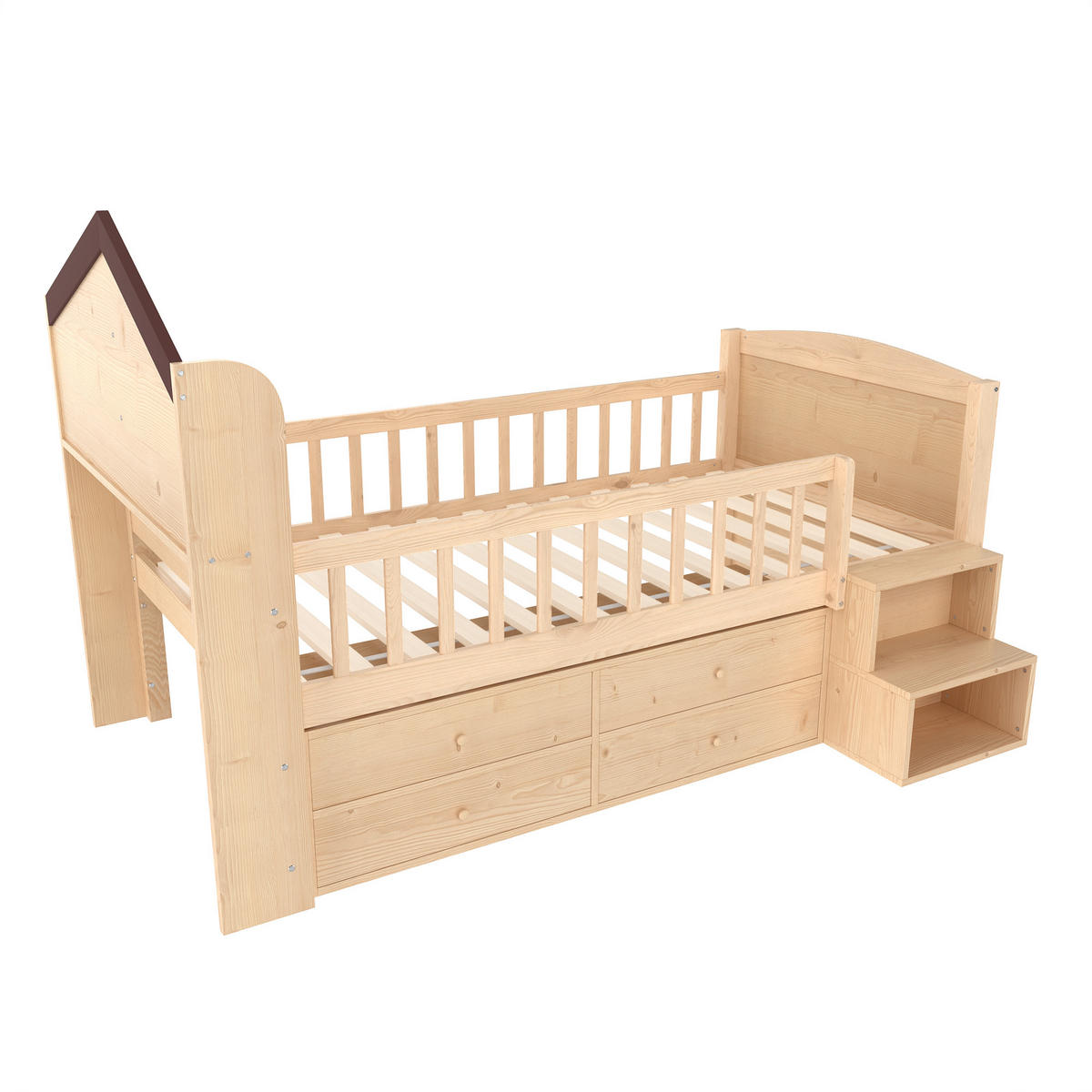 STAURAUMBETT 90/200 cm DE-04488 in Hausform mit 4 Schubladen und LED in Natur - Naturfarben, Holz/Holzwerkstoff (90/200cm) - ComfortXL