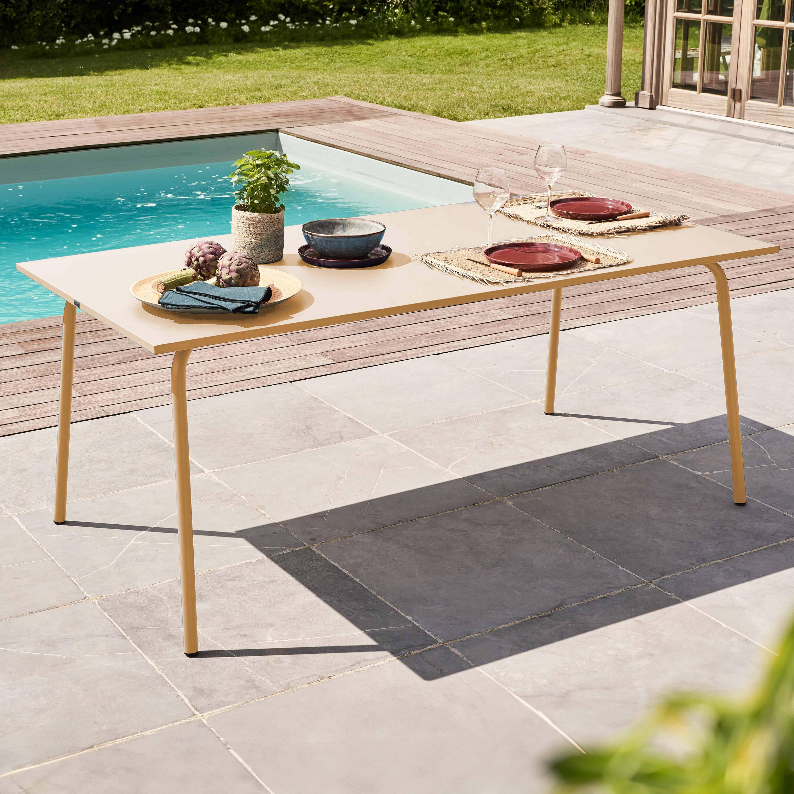GARTENTISCH , Elfenbeinfarbe - Creme, Metall (180/90/72cm) - Oviala