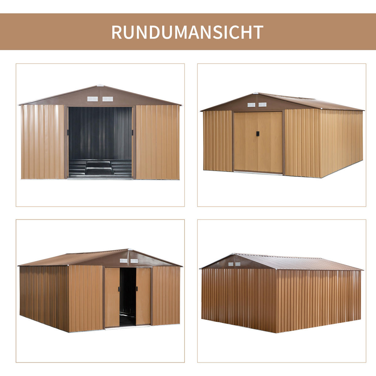 STAHL Gerätehaus mit Bodenplatte, 20m³ Geräteschuppen, Fahrradschuppen, Braun - Braun, Metall (386/200/340cm) - Outsunny