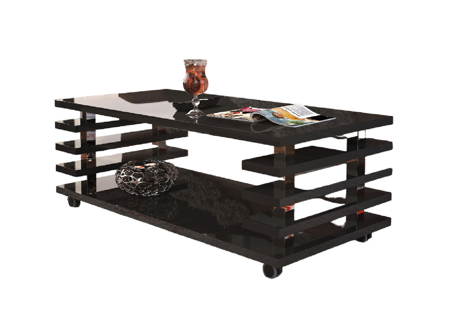 COUCHTISCH rechteckig Schwarz Hochglanz Ablage Rollen - Schwarz Hochglanz, Holzwerkstoff (60/120/45cm) - designimpex